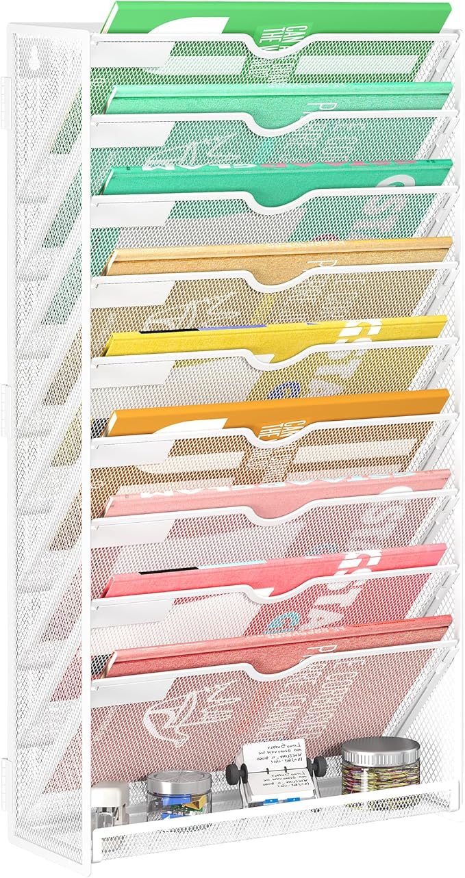 Lavatino 10-Tier Hanging File Organizer, Wall Mount File Holder for Mails Folders Papers Magazine Organization, Vertical Document Organizer for Office Home White