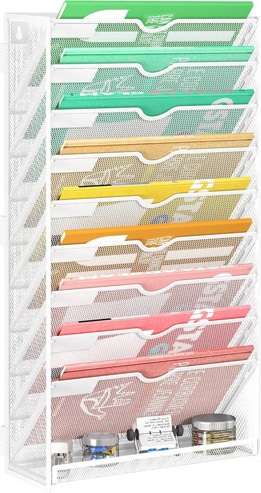 Lavatino 10-Tier Hanging File Organizer, Wall Mount File Holder for Mails Folders Papers Magazine Organization, Vertical Document Organizer for Office Home White