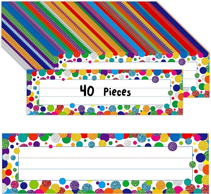 40PCS Desk Nameplates, Confetti Desk Name Tags with Double Sided PET Film Student Name Labels Erasable & Reusable Traditional Manuscript Name Plates for School Classroom Organization (10” x 2.8”)