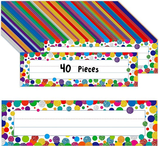 40PCS Desk Nameplates, Confetti Desk Name Tags with Double Sided PET Film Student Name Labels Erasable & Reusable Traditional Manuscript Name Plates for School Classroom Organization (10” x 2.8”)