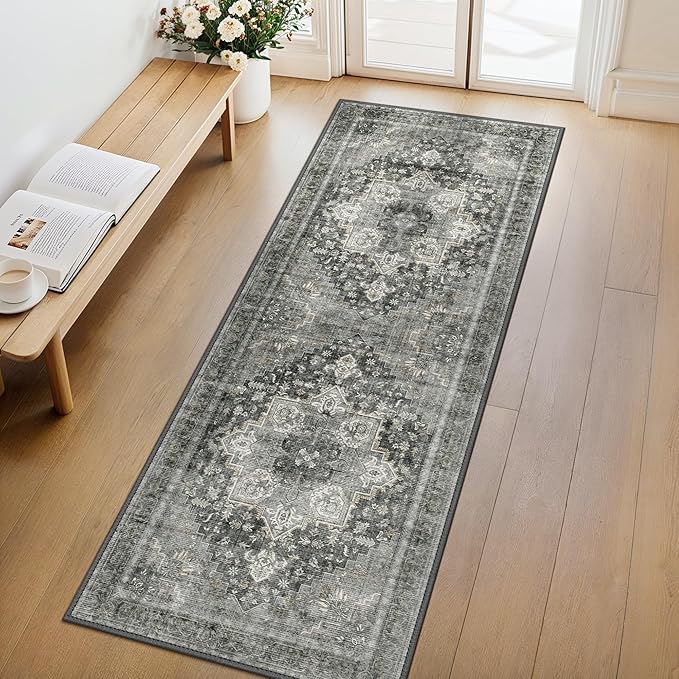 GENIMO 2x6 Runner Rugs for Hallway, Machine Washable Non Slip Vintage Rugs, Low Pile Lightweight Soft Print Rug for enrtyway, Corridor, Home Office, Kitchen, Charcoal Gray