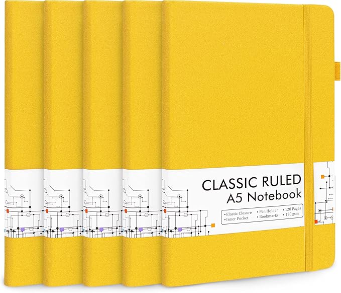5 Pack Journal Notebook Bulk for School, Feela Hardcover Business Notebooks Classic Ruled Lined Journals with Pen Holder for Work Note Taking, with 5 Black Pens, 120 GSM, 5.1”x8.3”, A5, Yellow