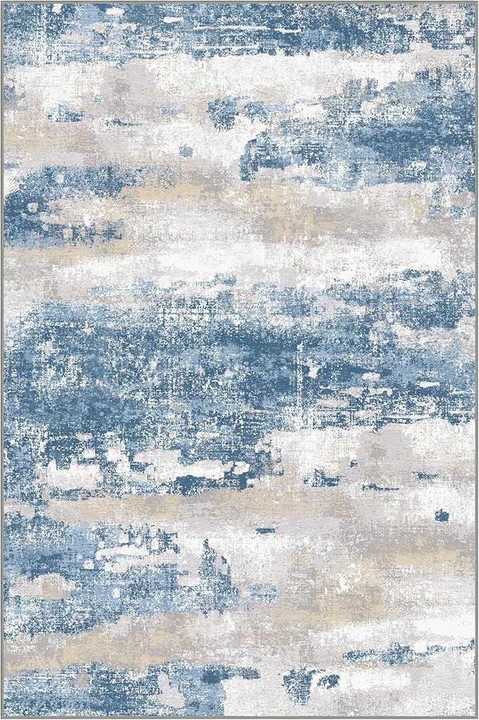 GENIMO No Crease Non Slip 6x9 Area Rugs for Living Room, Craft Woven Modern Abstract Rug, Soft Floor Carpet, Single-Piece Rugs for Bedroom, Dining Room, Office, Blue