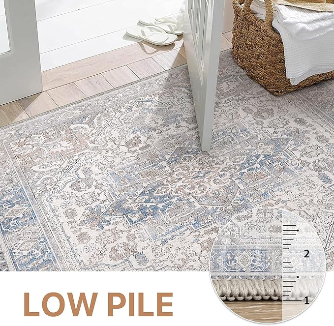 GENIMO 2'6"x10 Runner Rugs for Hallway, Machine Washable Non Slip Vintage Retro Rugs, Low Pile Lightweight Thin Print Rug for enrtyway, Corridor, Home Office, Kitchen, Khaki Blue