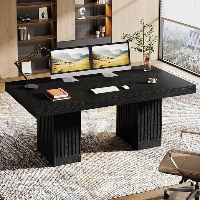 Tribesigns 63-Inch Executive Desk, Modern Office Computer Desk with Heavy Duty Double Pedestal, Large Study Writing Table Business Furniture for Home Office, Black, Set of 2