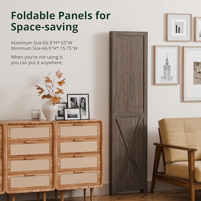 Cozy Castle Wood Room Divider, 4 Panels Folding Privacy Screen, 66.9'' Wall Divider, Barnwood Room Separator, Freestanding Partition, Temporary Wall for Decorative, Rustic Brown