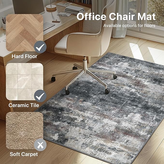 Office Chair Mat for Hardwood Tile Floor, Abstract 48"X 60" Desk Mats for Office Chair on Rolling Chairs Carpet, Desk Anti-Slip 1/5" Thick Rug for Computer Chair, Thin Low-Pile Floor Mat, Dark Gray