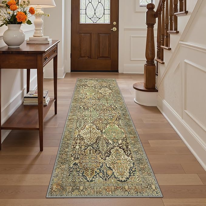 GENIMO Runner Rug 2x7 Machine Washable Non Slip Vintage Hallway Runner Rug, Low Pile Lightweight Rugs for Entryway, Hallway, Kitchen and Corridor, Bronze Olive