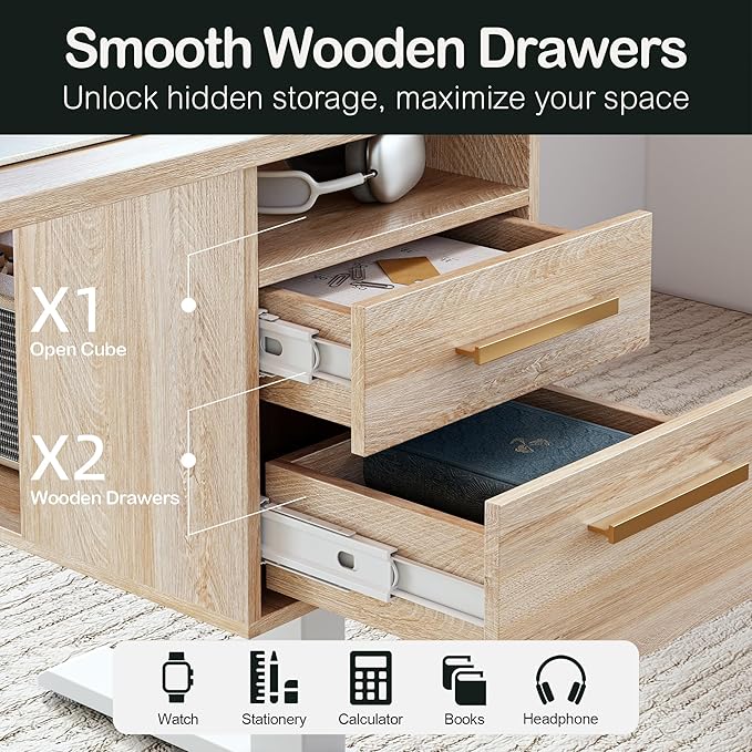 ModernMate Standing Desk with 4 Drawers, 47.2 x 23.6 Inch Whole Piece Height Adjustable Electric Sit Stand Desk, Computer Home Office Workstation with Open Storage Shelf, Light Walnut