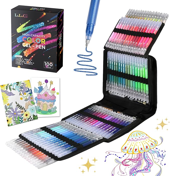 LIULIUCAI Gel Pens for Adult Coloring Book, 100 Colors Large Capacity Metallic Glitter Gel Pens with Case, 1.0 mm Bullet Tip Smooth Writing, Artist Colored Gel Ink Pen for Coloring Drawing Journaling