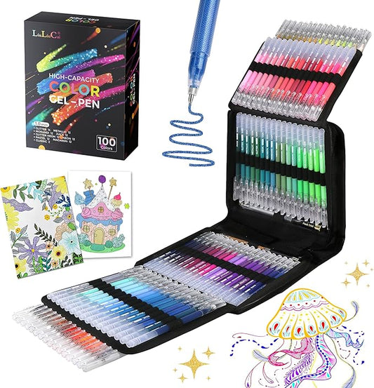 LIULIUCAI Gel Pens for Adult Coloring Book, 100 Colors Large Capacity Metallic Glitter Gel Pens with Case, 1.0 mm Bullet Tip Smooth Writing, Artist Colored Gel Ink Pen for Coloring Drawing Journaling