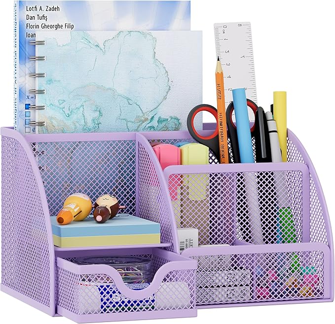EasyPAG Mesh Desk Organizer with Drawer Multi-functional Pen Holder Stationery Organizer for Office School Supplies 6 Compartments Dorm Organizers and Storage for Desk, Light Purple