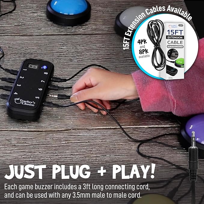 Teacher's Choice Light Up Game Buzzer System, Displays The Winning Player Loud, Unique Sounds for Each Buzzer, Great for Trivia Games, Family Feud, Jeopardy (4 Pack)