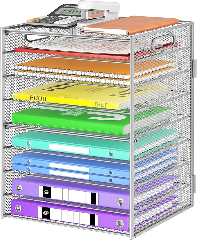 Cawukege 9 Tier Paper Organizer with Handle, Large Capacity Desk Organizer Mesh File Folder Letter Paper Tray Desktop Document Sorter for Classroom, School, and Office Accessories Organization- Silver