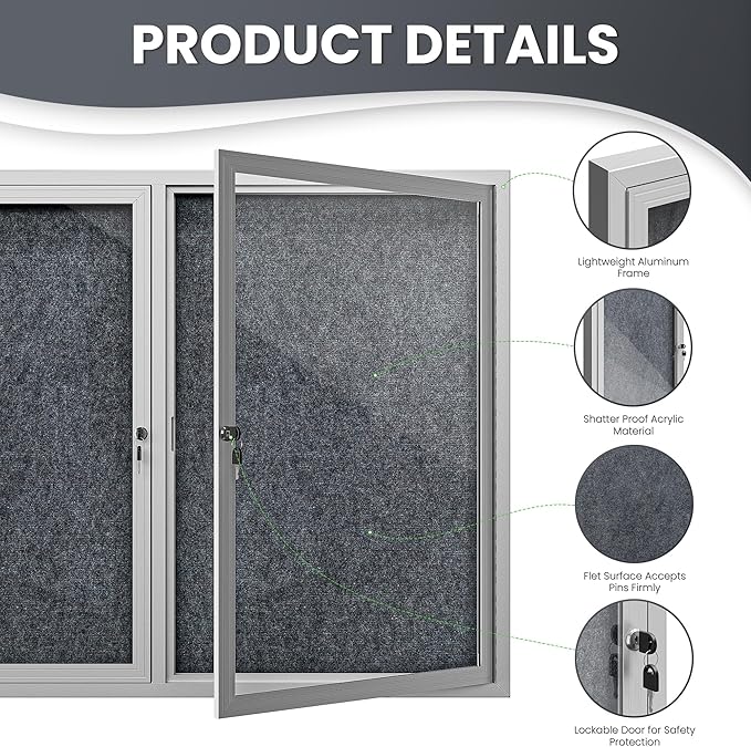 72"x36" Lockable Enclosed Bulletin Board, Outdoor Flet Weather-Resistant Aluminum Frame Notice Board, Wall Mounted Display Case Acrylic Doors for School,Office,Silver Frame w/Grey Flet