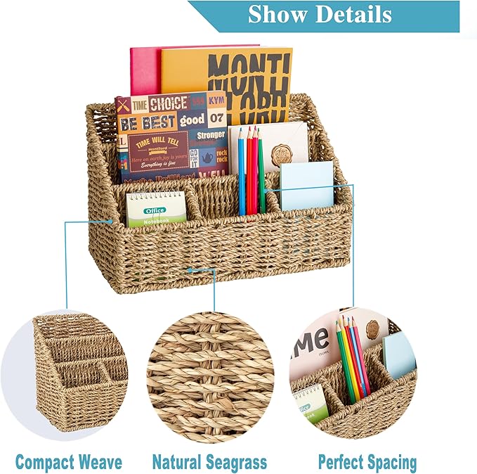 DINGTAI Mail Organizer Countertops, Desk Organizer Bills Organizer, Mail Sorters Organizers, Pencil Holder Magazine File Holder, Desk Organizer and Accessories(Seagrass)