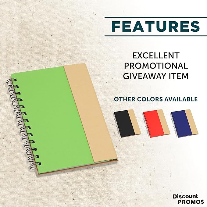 DISCOUNT PROMOS Eco Friendly Spiral Notebooks with Pens Set of 10, Bulk Pack - Perfect for School, Office, Home - Green