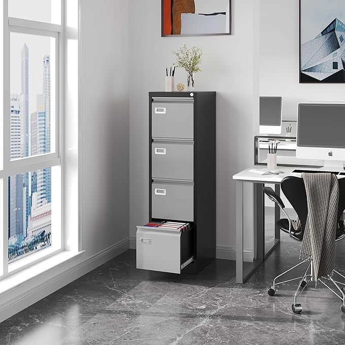 Fesbos File Cabinets - 4 Drawers Vertical 17.8" Deep Lockable Filing Cabinet - Black & Gray Metal Storage Cabinets for Home Office to Hanging Files Letter/Legal/F4/A4 Size