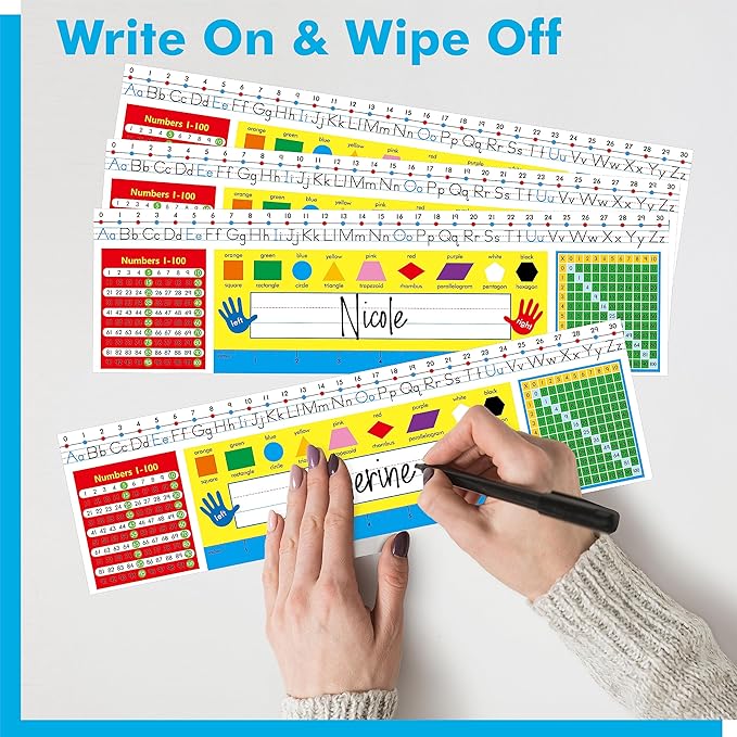 36 PCS Desk Nameplates, Double Sided PET Film Desk Name Tags with Alphabet, Numbers, Multiplication Chart, Shapes, Colors and Ruler Erasable & Reusable Traditional Manuscript Name Plate (14” x 4”)