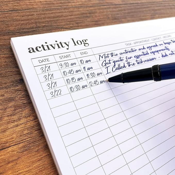 Activity Log Notepad 11x8,5 - Organize and Track Tasks, Appointments, Contacts, Records - Premium Thick Paper - Letter Size - 50 Sheets -Hard Cardboard Back Stand - To Do List Notepad for Work, Daily