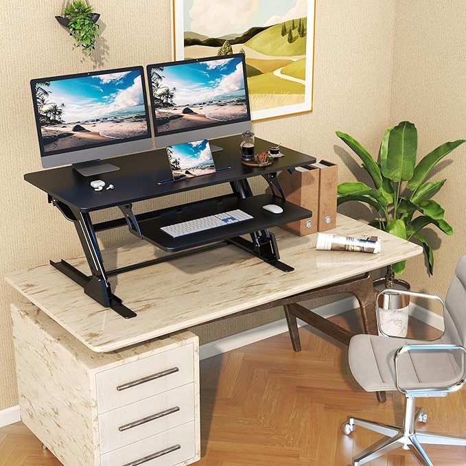 Lubvlook 42 inch Stand Up Desk Converter, Height Adjustable Sit Stand Desk Riser, Black, 42PB