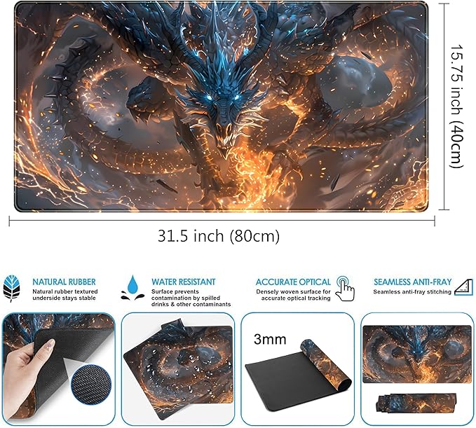 Cute Anime Dragon Desk Mat Kawaii Mouse Pad Gaming XXL Large Extended Desk Matt for Desktop with Stitched Edges, Laptop Computer Keyboard Mouse Mat for Women Office Decor Accessories 31.5''x15.7''