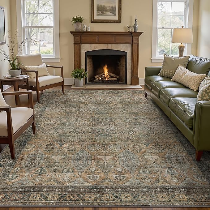 GENIMO 6x9 Area Rugs for Living Room, Machine Washable Non Slip Vintage Rugs, Low Pile Lightweight Chenille Print Rug for Bedroom, Dining Room, Home Office, Warm Taupe