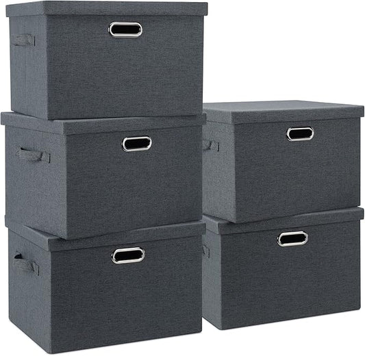 Graciadeco Large 17" 36 Quart Collapsible Stackable Storage Bins with Lids, 5 Packs Dark Gray Foldable Fabric Closet Storage Boxes with Lids Heavy-duty Linen Cube Baskets(17 x 12 x 11)