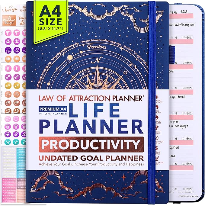 Life Planner - Undated Weekly & Monthly Planner, 12-Month Journey to Increase Productivity | Gratitude Journal, Life Organizer & Goal Journal | Include Foldable Vision Board, Habit Tracker & Stickers