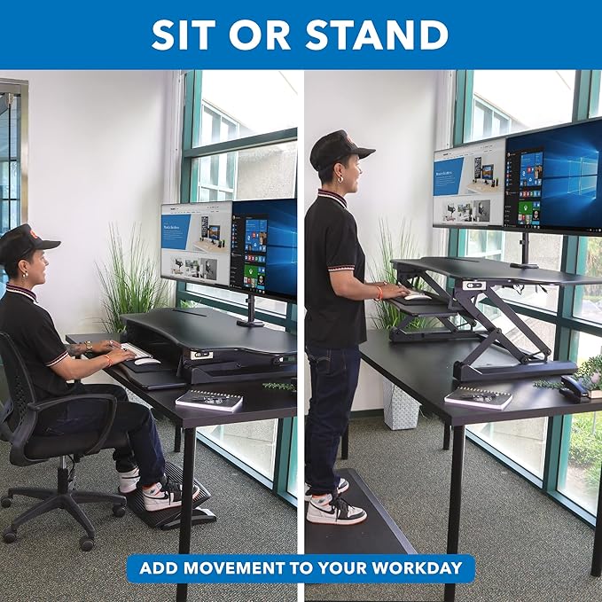 Mount-It! Electric Standing Desk Converter with Dual Monitor Arm, Stand Up Desk Riser X-Large 47.2" Wide, Electric Desk Riser with Mount for 2 Screens (Max 32"), Desktop with Keyboard Tray, USB, Black