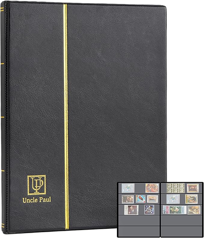Stamp Albums 100 Pockets - Stockbooks with 50x197mm Sleeves, 10 Double Sided Black Page with Leatherette Padded Black Cover, Collection Storage Folder for Paper Money Postage Stamps AS0105BK