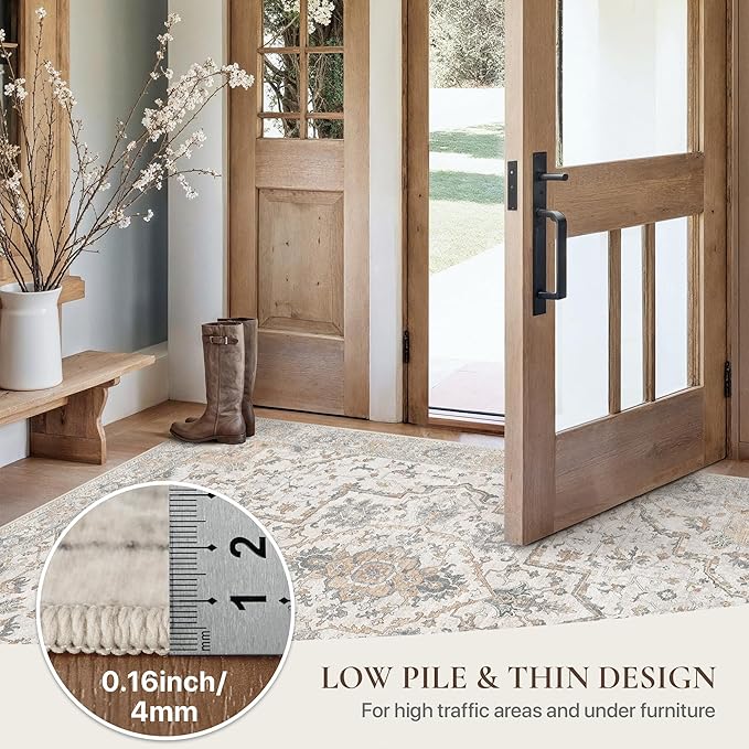 GENIMO 8x10 Area Rugs for Living Room, Machine Washable Non Slip Vintage Rugs, Low Pile Lightweight Chenille Print Rug for Bedroom, Dining Room, Home Office