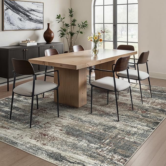 GENIMO 8x10 Area Rugs, Machine Washable Rugs for Living Room Low Pile, Modern Gray Rug with Non-Slip Rubber Backing, Soft Pet Friendly Carpet for Bedroom, Dining Room, Office, Mystic Forest