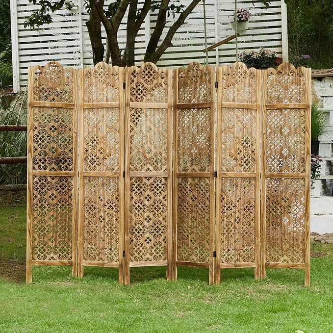 68.9Inch Folding Room Divider, 6 Panels Wood Carved Privacy Screens, Free Assembled Privacy Screen Decorative Partition for Home Office Restaurant (Dark Brown)