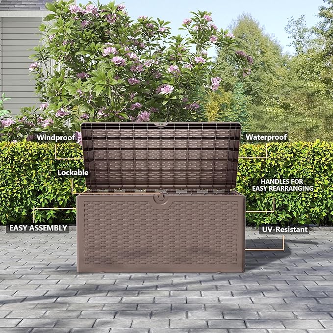 Decksplore 90 Gallon Pro Outdoor Storage Box Waterproof Lockable Resin Deck Box Large, Patio Storage Bin for Pool Accessories Cushion Furniture, Garden Tools, UV-Resistant Outside Delivery Brown