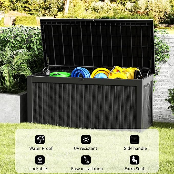 Decksplore 320 Gallon Outdoor Storage Box Waterproof Lockable Resin Deck Box Large, Patio Storage Bin for Pool Accessories Cushion Furniture, Garden Tools, UV-Resistant Outside Delivery Black