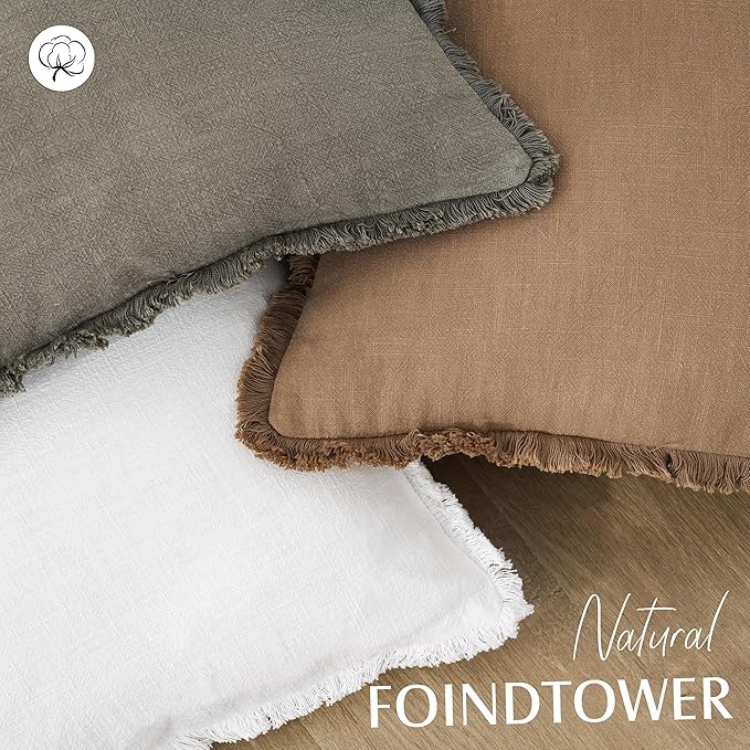 Foindtower Set of 2 Decorative Linen Fringe Throw Pillow Covers Cozy Boho Farmhouse Cushion Cover with Tassels Soft Accent Pillowcase for Couch Sofa Bed Living Room Home Decor,26×26 Inch,White