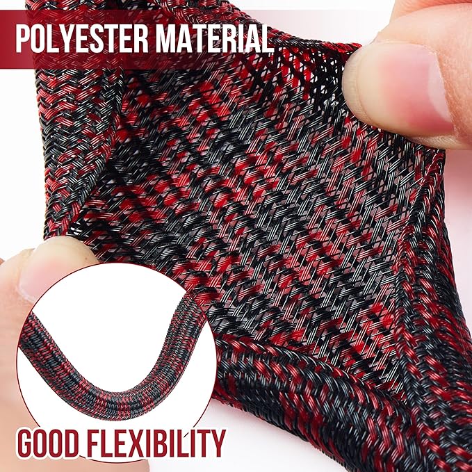 QCSIW Split Cable Sleeve, 1/2 Inch 100ft Black Red Braided Wire Loom for Home Cable Management, Pet Chew Protection and DIY Cord Organizer for Desk and Home Theater