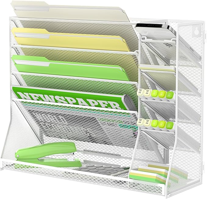 SUPEASY Wall File Organizer, 5-Tier office wall organizer with 4 Pen Holders, Wall Organizer for Office with R-shaped Bottom Tray, Metal Desk Organizer for Office, School, Home, White