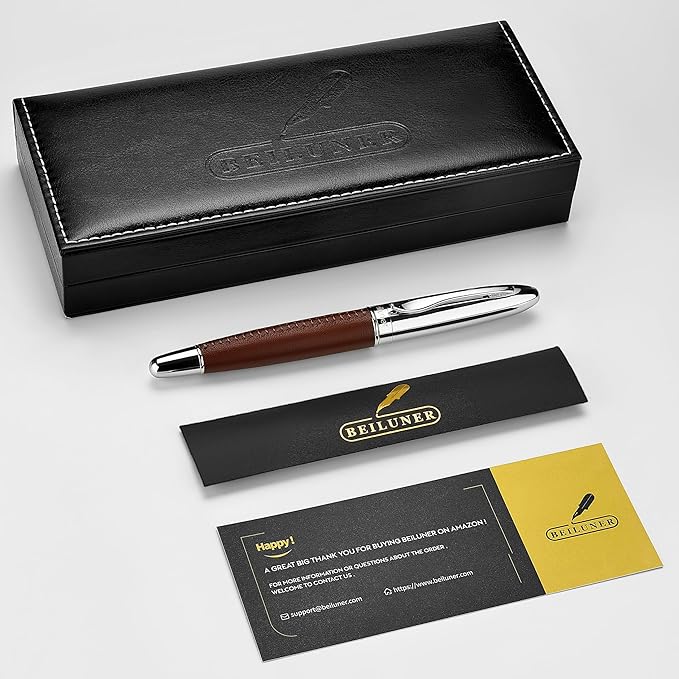 BEILUNER 318 Luxury Personalized Leather Pen, Hand-Stitched Premium Leather, Chrome-Plated Finish, Schmidt Refill, Fancy Rollerball Pen Gift Set for Men & Women, Executive Writing, Nice Designer pen