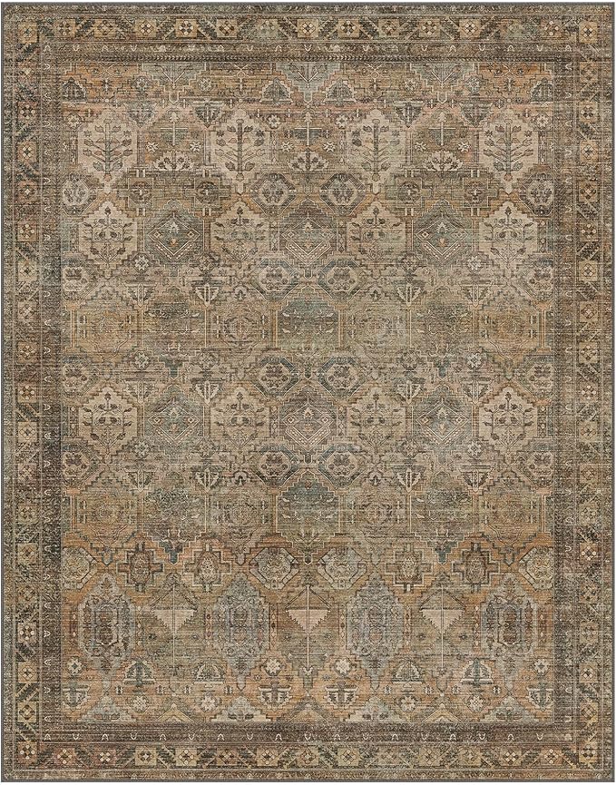 GENIMO 3x5 Area Rugs for Living Room, Machine Washable Non Slip Vintage Rugs, Low Pile Lightweight Chenille Print Rug for Bedroom, Dining Room, Home Office, Warm Taupe