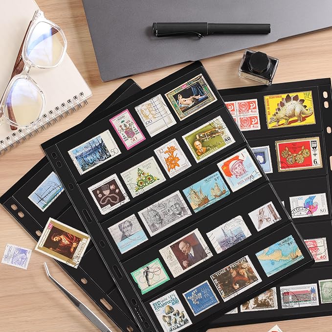 10 Sheets 20 Pages Postage Stamp Album Pages, 5 Pockets 7.7X 1.97in Stamp Collection Inserts, 9 Hole Standard Stamp Collecting Album Sleeves for Stamp Collection Binder IS010510