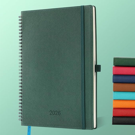 IN-LUXPRO Planner 2026 Daily Weekly and Monthly,11.5"x8.5",12 Months Spiral Bound Calendar Agenda with Self-adhesive Pen Holder,2026 Appointment Book with Vegan Leather Soft Cover,Green