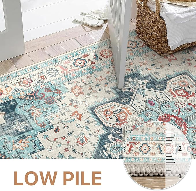 GENIMO 8x10 Area Rugs for Living Room, Machine Washable Non Slip Rugs, Low Pile Lightweight Vintage Print Rug for Bedroom, Dining Room, Home Office, Cyan/White