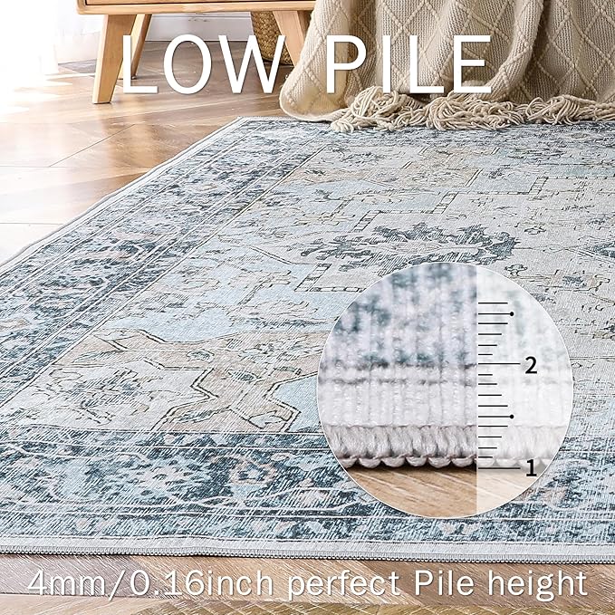 GENIMO Runner Rug 2'6"x7, Non Slip Vintage Hallway Runner Rugs, Low Pile Lightweight Machine Washable Mat for Hallway, Entryway, Bedroom, Kitchen and Corridor, Blue