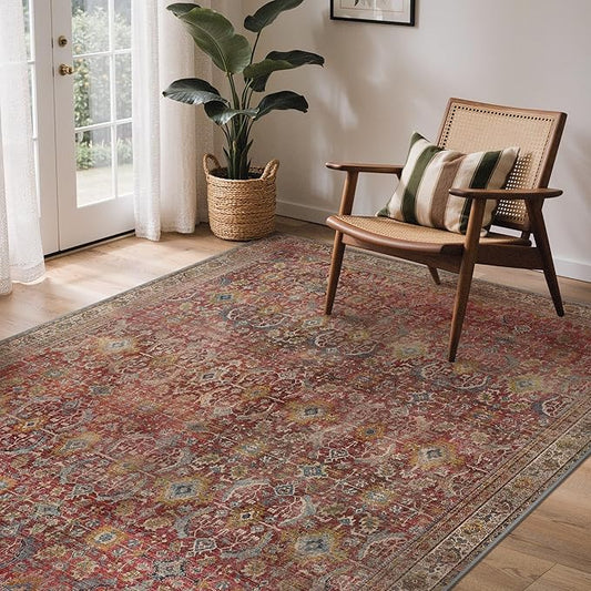 GENIMO 9x12 Area Rugs for Living Room, Machine Washable Non Slip Vintage Rugs, Low Pile Lightweight Chenille Print Rug for Bedroom, Dining Room, Home Office, Mocha Brick