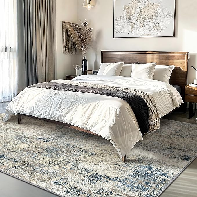 GENIMO Washable Area Rugs for Living Room, 10x14 Modern Non Slip Rugs, Low Pile Lightweight Soft Print Rug for Bedroom, Dining Room, Home Office, Blue Grey Beige