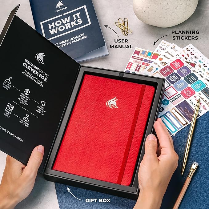 Clever Fox Ultimate Achiever’s Goal Planner - Focus & Productivity 90 Day Journal. Undated Daily Weekly Monthly Planner Organizer & Hourly Schedule Notebook - Hardcover, A5 Size, Ruby Red