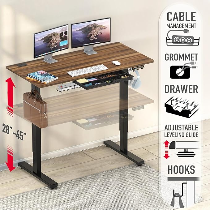 SHW 48-Inch Electric Height Adjustable Standing Desk with Drawer, Memory Preset and Cable Management Tray, Walnut