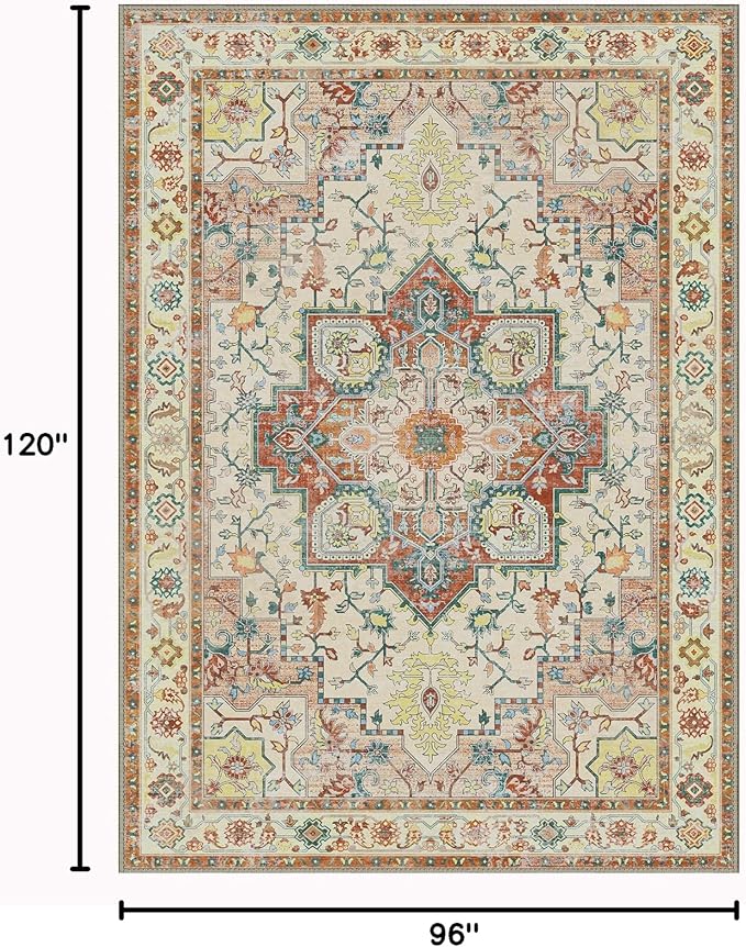 GENIMO 8x10 Area Rugs for Living Room, Machine Washable Non Slip Vintage Retro Rugs, Low Pile Lightweight Chenille Print Rug for Bedroom, Dining Room, Home Office,Floral Blossom